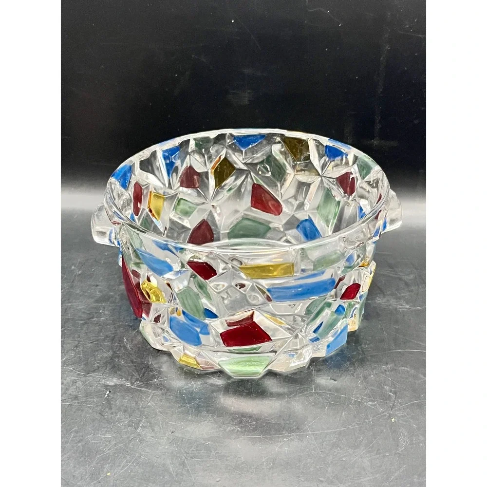 Vtg Heavy Crystal Mosaic Ice‎ Bucket Candy Dish Bowl 2 Handles Red, Green, Blue